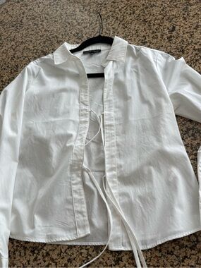 Moa Moa White Tie-Front Long Sleeve Shirt Dress